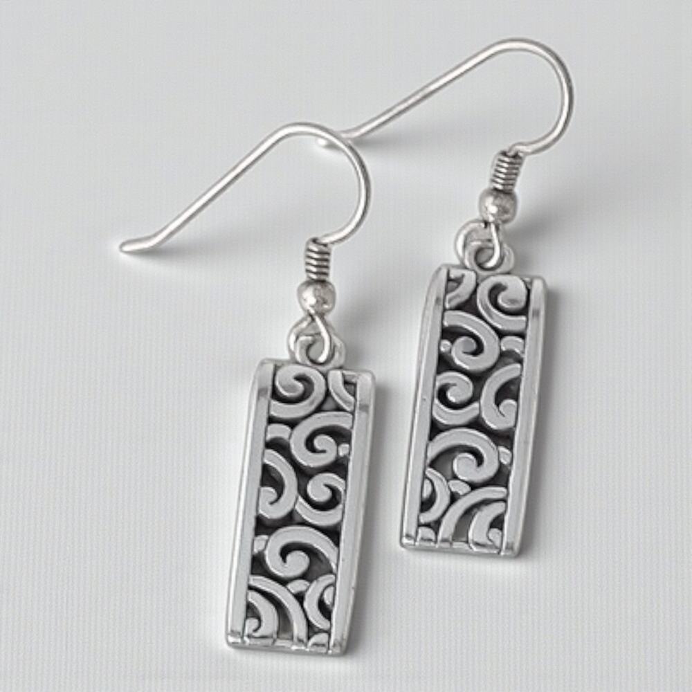 Brighton Deco Lace French Wire Earrings Silver Plated Art Deco Scroll Rectangle - Picture 2 of 4